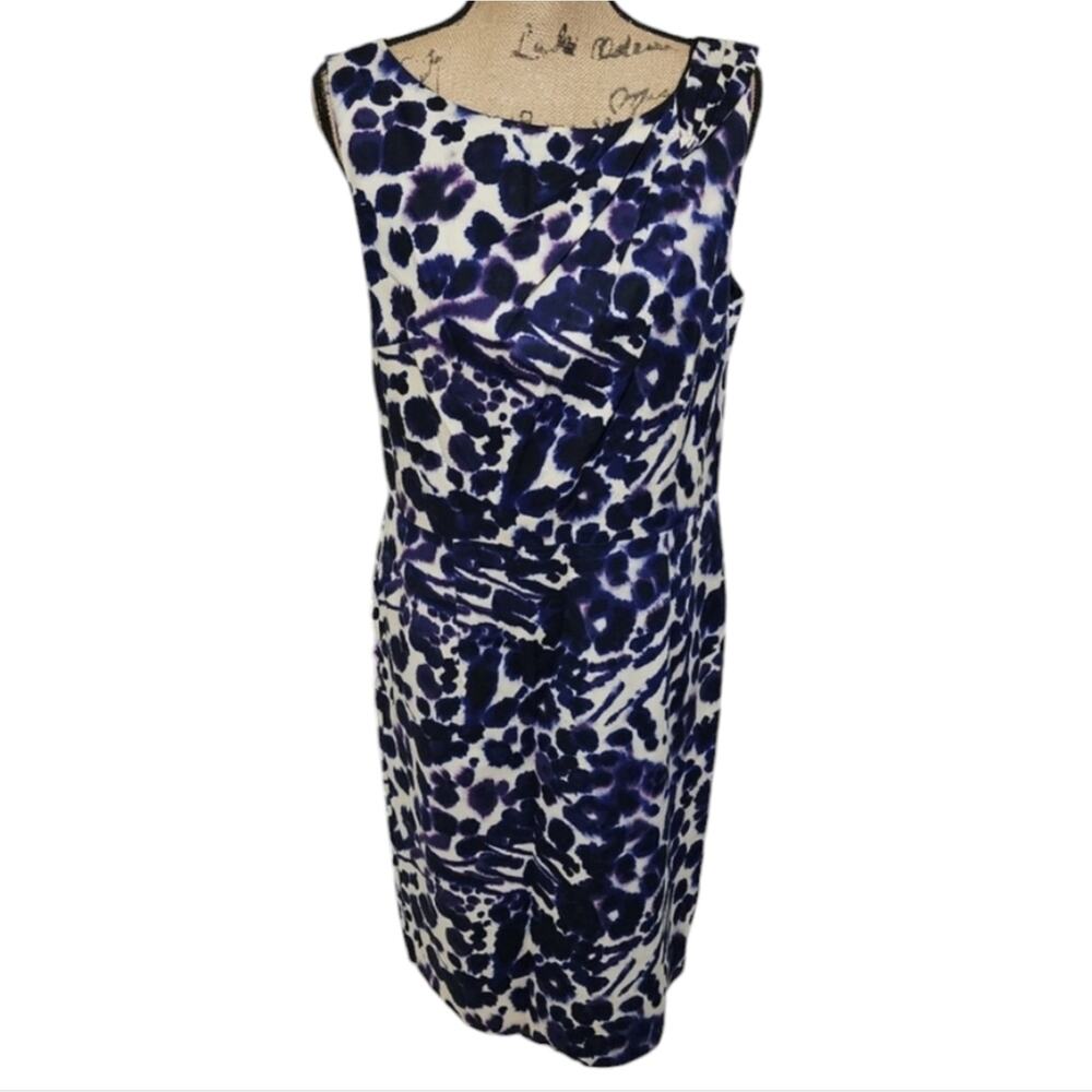 Ann Taylor purple, black, and white watercolor pleated‎ sheath dress size 12
